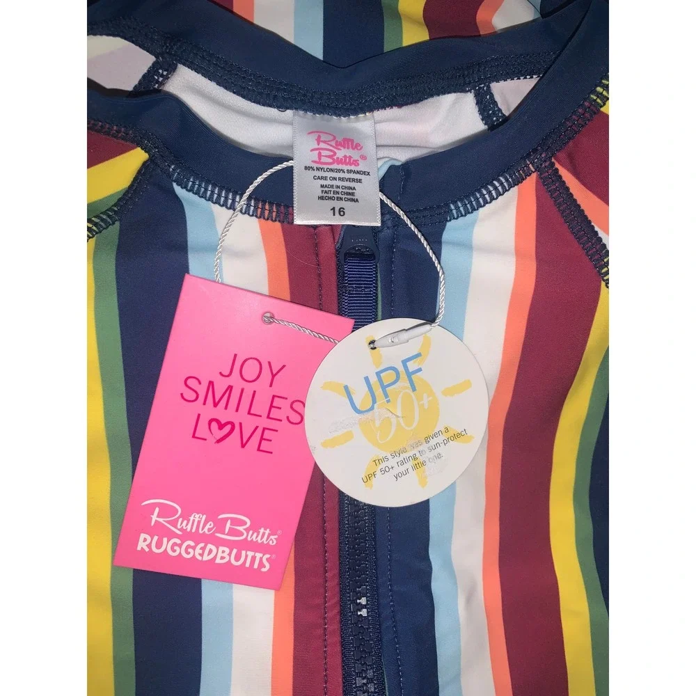 RuffleButts Girls Sunset Stripe LS One Piece Rash Guard Swim 16 NEW - flaws
